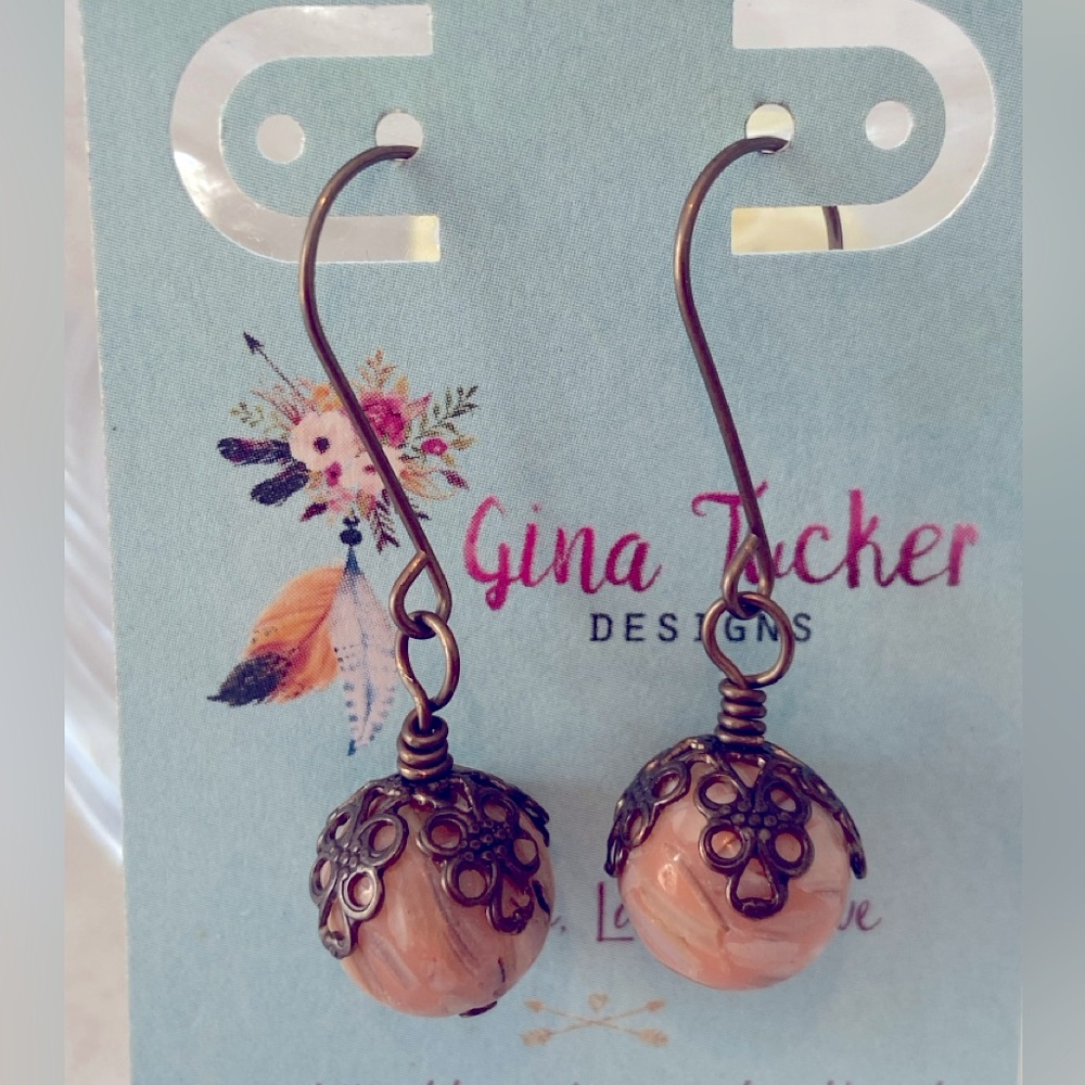 Handmade Bohemian single drop Ecocoral Boho beaded earring. 1 3/4 inch drop
